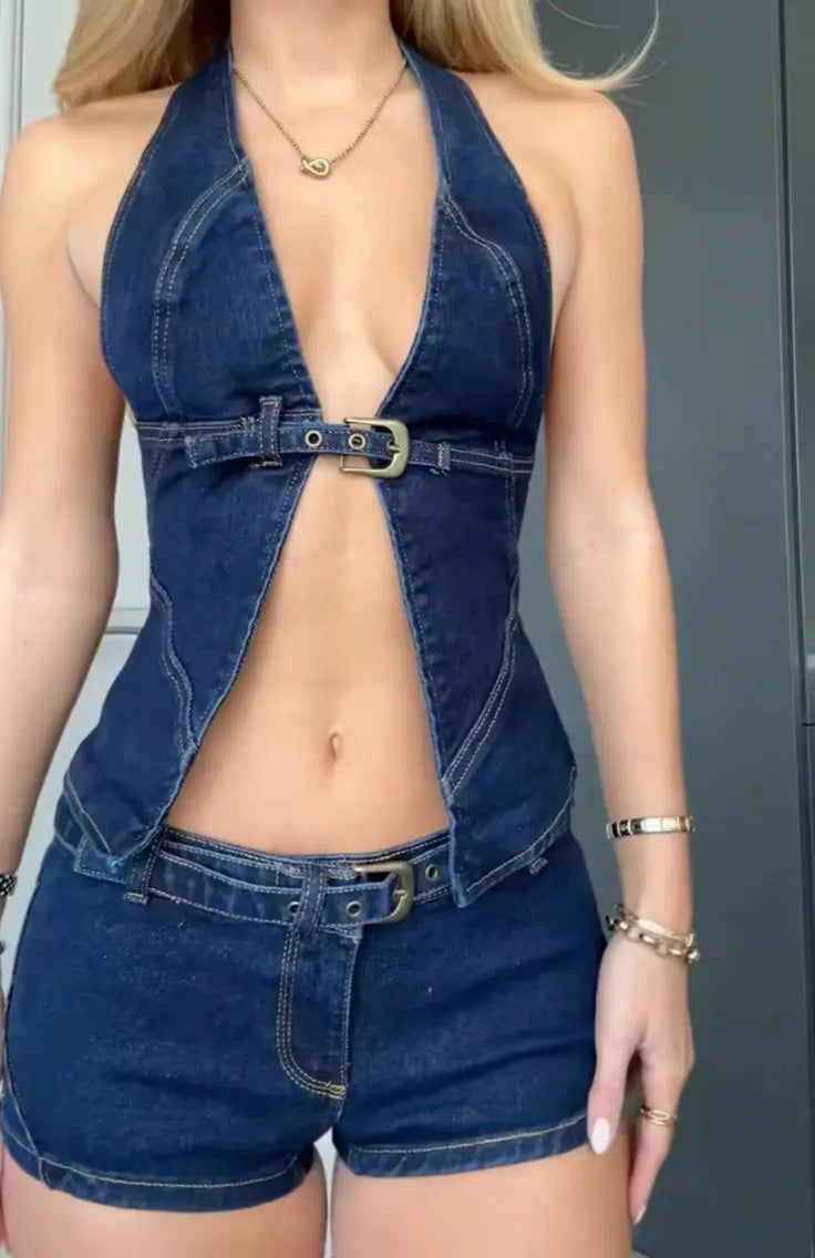Conjunto Denim Sexy con Top Halter y Short