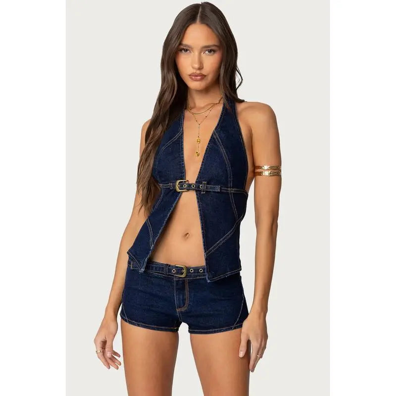 Conjunto Denim Sexy con Top Halter y Short