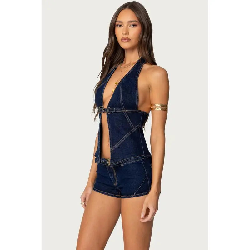 Conjunto Denim Sexy con Top Halter y Short