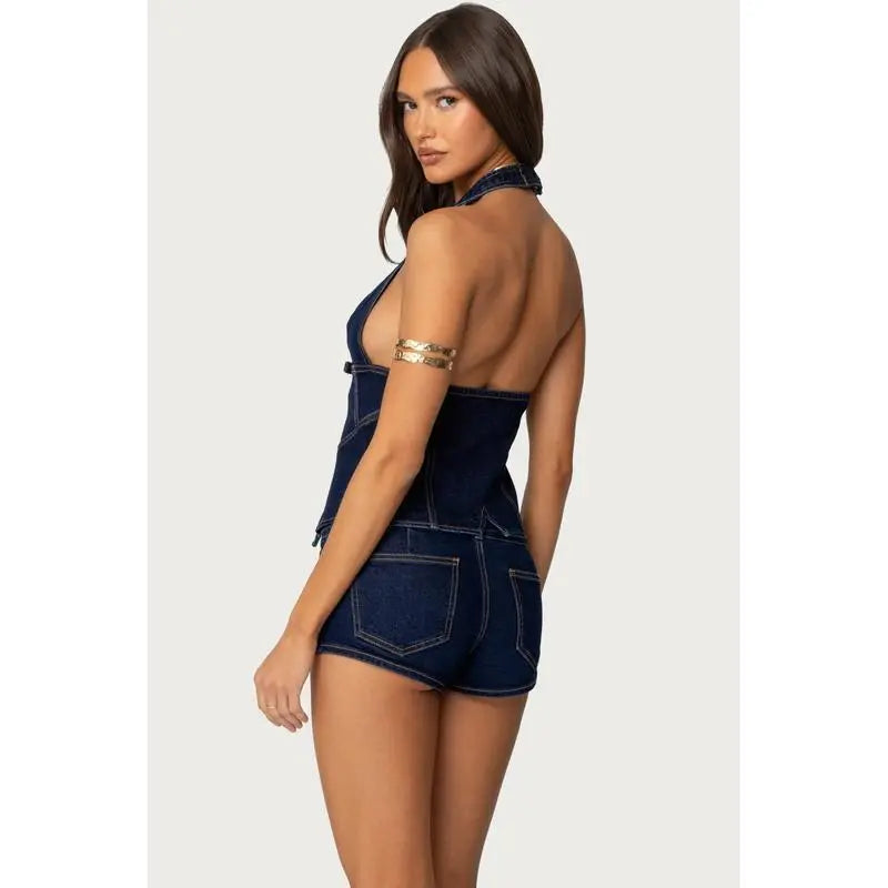Conjunto Denim Sexy con Top Halter y Short