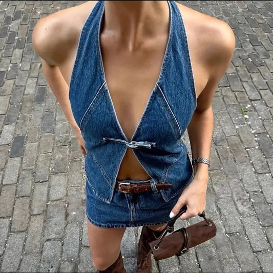 Conjunto Denim Sexy con Top Halter y Short